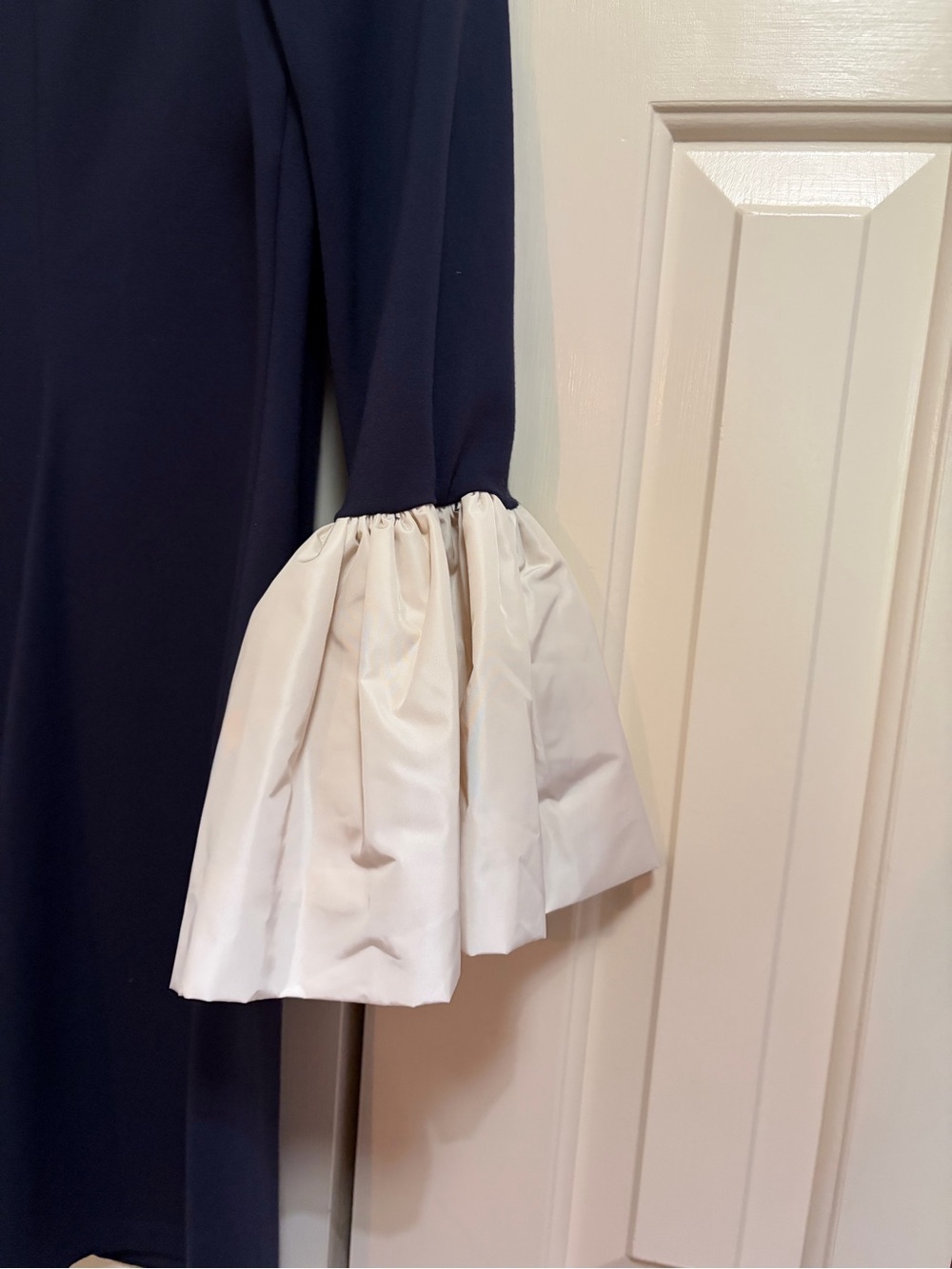 STAUD Blue Shift Dress with Cream Bell Sleeves - Picture 4 of 5